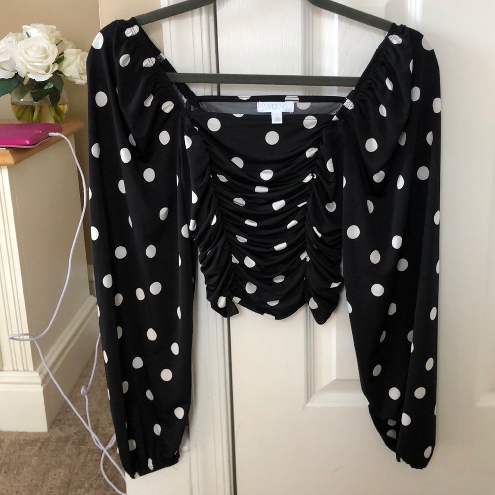 Polka Dot Ruched Long Sleeve Top